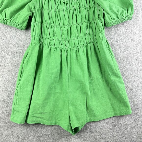 Hausen Mini Romper Womens Large Smocked Puff Sleeve Cottage Boho Pockets Stretch - Picture 5 of 16